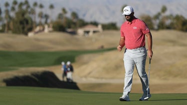 Spaniard Jon Rahm reacts on the 16th green during the final round of The American Express at PGA West Pete Dye Stadium Course on January 22, 2023 in La Quinta, California.
