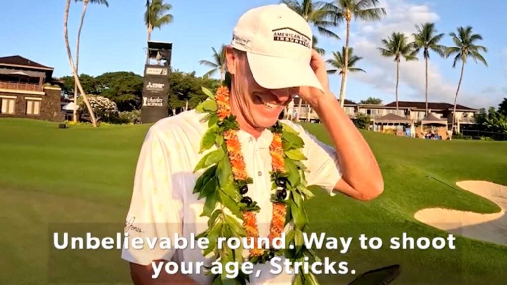 Steve Stricker reacts to a video made for him by the PGA Tour after winning the PGA Tour Champions Mitsubishi Electric Championship at Hualalai.