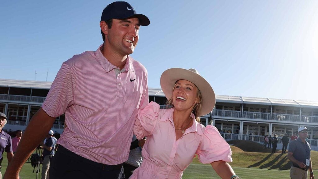 Scottie Scheffler and his wife, Meredith, after Scheffler won the WGC-Dell Technologies Match Play in March 2022.