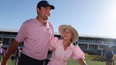 Scotty Scheffler and his wife, Meredith, after Scheffler won the WGC-Dell Technologies Match Play in March 2022.