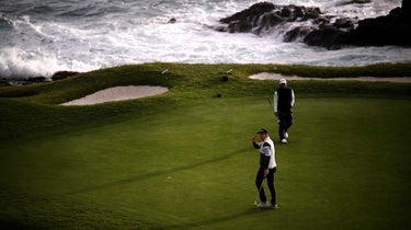 Justin Rose of England reacts to his putt during the final round of the AT&T Pebble Beach Pro-Am at Pebble Beach Golf Links on February 05, 2023 in Pebble Beach, California.