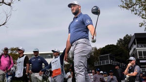 Jon Rahm watches his tee shot on the third hole during the third round at the Genesis Invitational at the Riviera Country Club Saturday, February 18, 2023.