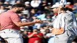 Jon Rahm of Spain celebrates on the 18th green with his caddie, Adam Hayes, after winning The Genesis Invitational at Riviera Country Club on February 19, 2023 in Pacific Palisades, California.