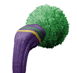 Jan Craig Pom-Pom headcover 8 inch pom, mardi gras colors. Green pom-pom with two-stripes (one is green and one is yellow)