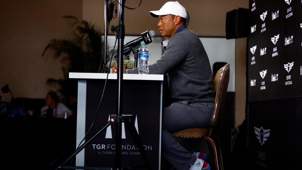 Tiger Woods of the United States during a press conference prior to The Genesis Invitational at Riviera Country Club on February 14, 2023 in Pacific Palisades, California.