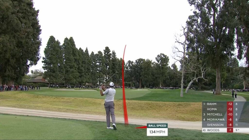 Tiger Woods' approach to the par-5 1st at Riviera Saturday.