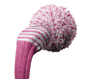 Valentine's Han Craig headcover with an 8 inch pom, 7 stripes in white. The Body of the headcover is hot pink with white stripes and a tri-color pom with light pink, hot pink, and white.