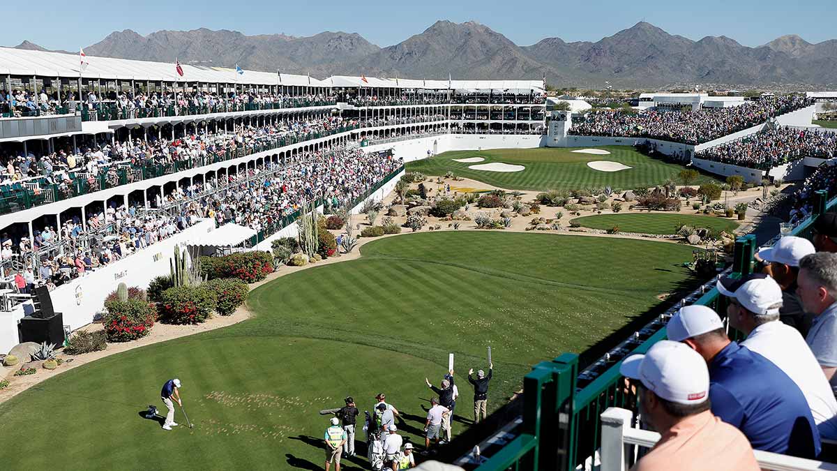 How long are grandstands left up on TPC Scottsdale's 16th hole?