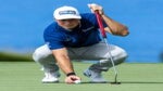 Viktor Hovland lines up putt at PGA Tour event