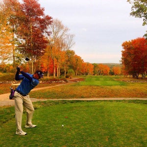 Cody Semmelrock in New England fall foliage.
