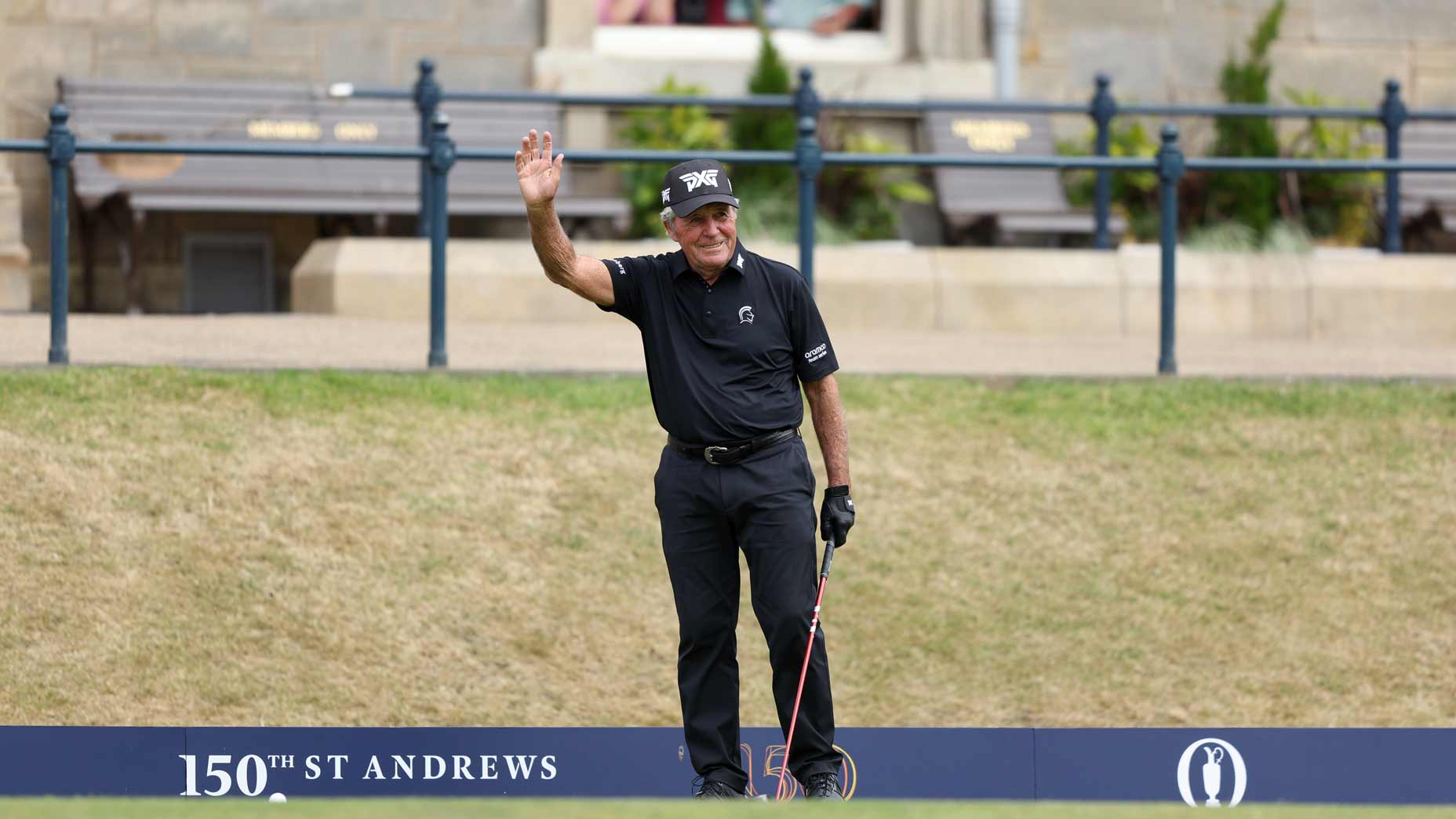 Gary Player of South Africa waves to the crowd on the first during the Celebration of Champions prior to The 150th Open at St Andrews Old Course on July 11, 2022 in St Andrews, Scotland.