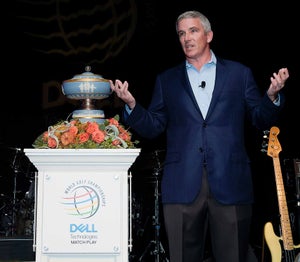 PGA TOUR Commissioner Jay Monahan announces a 4-year extension in to keep the World Golf Championships-Dell Technologies Match Play at Austin Country Club on March 26, 2019 in Austin, Texas.