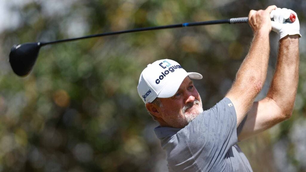 Jerry Kelly hits from the first tee during the final round of the Chubb Classic at Tiburon Golf Club on February 19, 2023 in Naples, Florida.