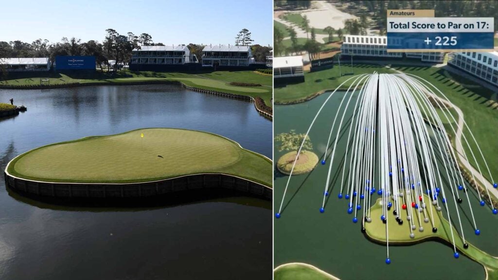 View of the 17th green and hospitality structures prior to THE PLAYERS Championship on THE PLAYERS Stadium Course at TPC Sawgrass on March 5, 2021, in Ponte Vedra Beach, Florida.