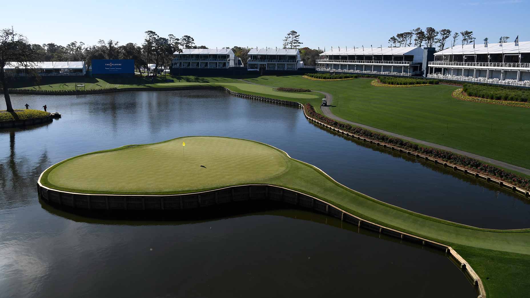 View of the 17th green and hospitality structures prior to THE PLAYERS Championship on THE PLAYERS Stadium Course at TPC Sawgrass on March 5, 2021, in Ponte Vedra Beach, Florida.