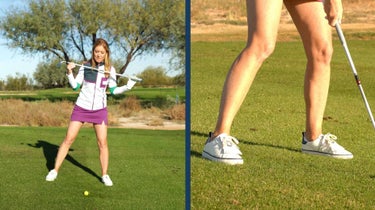 GOLF Top 100 Teacher Trillium Rose shows amateur players the trick to hitting a solid shot from a difficult downhill lie
