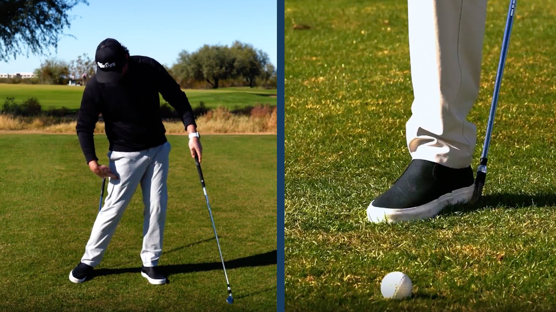GOLF Teacher to Watch Mike Bury demonstrates a heel drill that will help keep your back foot down, which should eliminate shanking