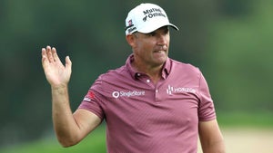 Padraig Harrington of Ireland reacts on the 16th hole during the continuation of Round Two on Day Three of the Hero Dubai Desert Classic at Emirates Golf Club on January 28, 2023 in Dubai, United Arab Emirates. (Photo by Luke Walker/Getty Images)