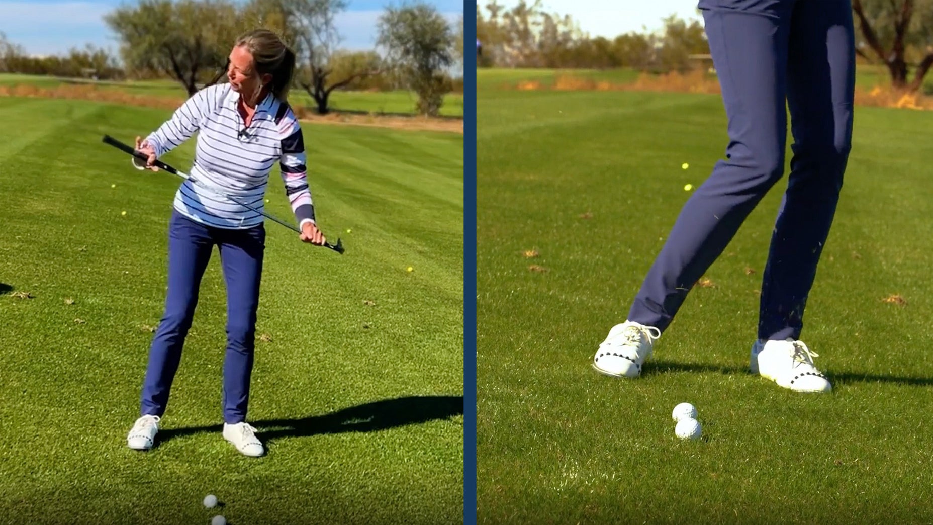 GOLF Top 100 Teacher Carol Presinger demonstrates a practice tip using a downhill lie to improve your iron shots from the fairway