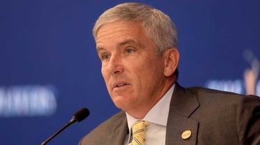 PGA Tour commissioner Jay Monahan speaks to the media on Tuesday at the Players Championship.