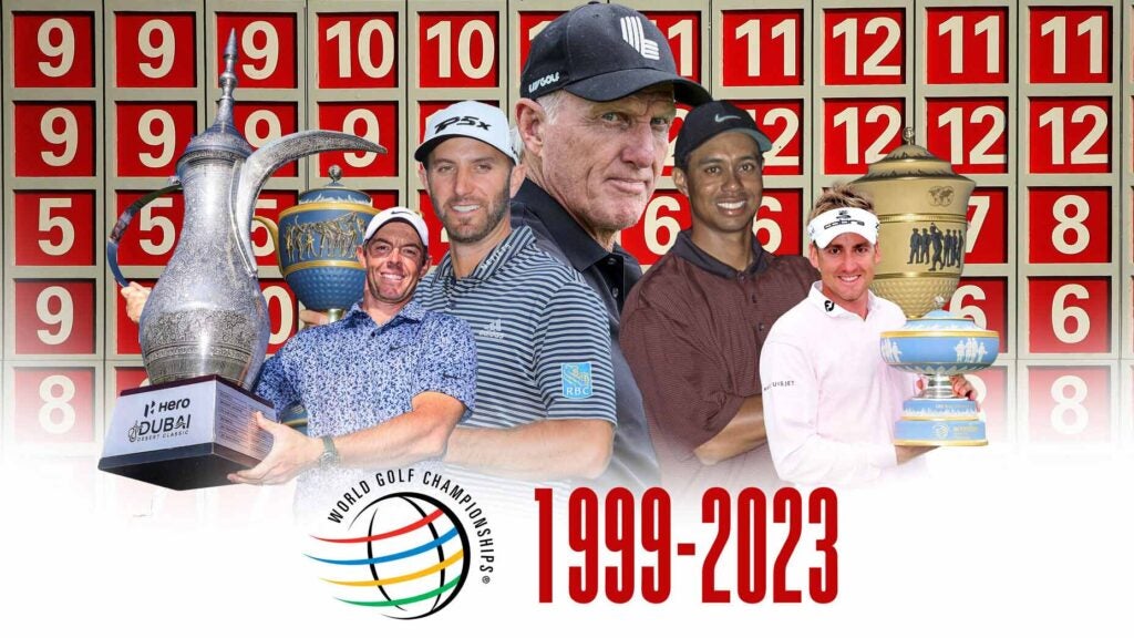 A collage of winners of World Golf Championship events with Greg Norman.