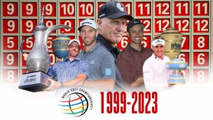 A collage of winners of World Golf Championship events with Greg Norman.