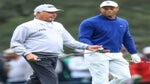 Fred Couples of The United States talks with Tiger Woods of The United States after they had played their second shots on the 14th hole during a practice round prior to the 2023 Masters Tournament at Augusta National Golf Club on April 03, 2023 in Augusta, Georgia.