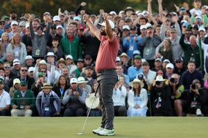 AUGUSTA, GEORGIA - APRIL 09: Jon Rahm of Spain celebrates on the 18th green after winning the 2023 Masters Tournament at Augusta National Golf Club on April 09, 2023 in Augusta, Georgia. (Photo by Christian Petersen/Getty Images)