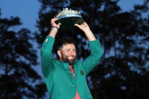 APRIL 09: Jon Rahm of Spain poses with the Masters trophy during the Green Jacket Ceremony after winning the 2023 Masters Tournament at Augusta National Golf Club on April 09, 2023 in Augusta, Georgia. (Photo by Andrew Redington/Getty Images)