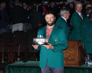 AUGUSTA, GEORGIA - APRIL 09: Jon Rahm of Spain poses in his green jacket with the trophy after the final round of the 2023 Masters Tournament at Augusta National Golf Club on April 09, 2023 in Augusta, Georgia. (Photo by David Cannon/Getty Images)