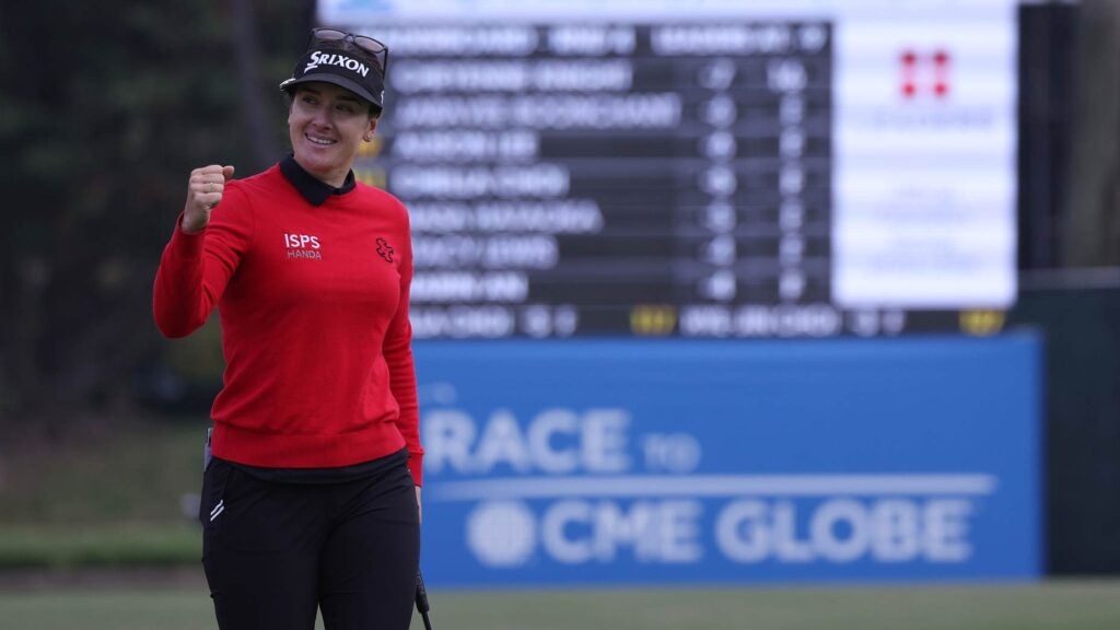 Hannah Green of Australia reacts to her birdie putt on the 18th green to force a playoff during the final round of the JM Eagle LA Championship presented by Plastpro at Wilshire Country Club on April 30, 2023 in Los Angeles, California.