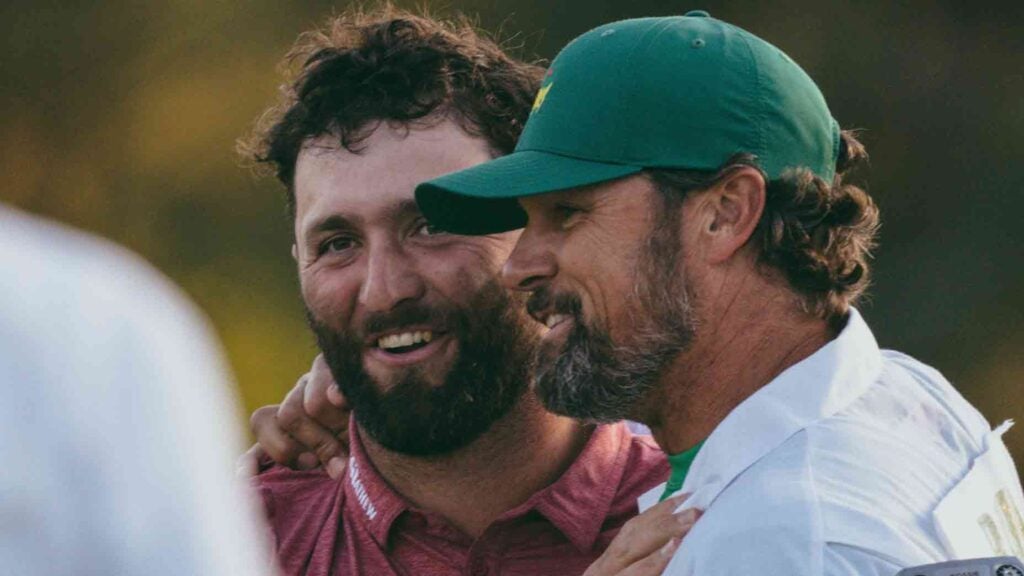 Jon Rahm delivers touching tribute to caddie in 18th-green speech after Masters win