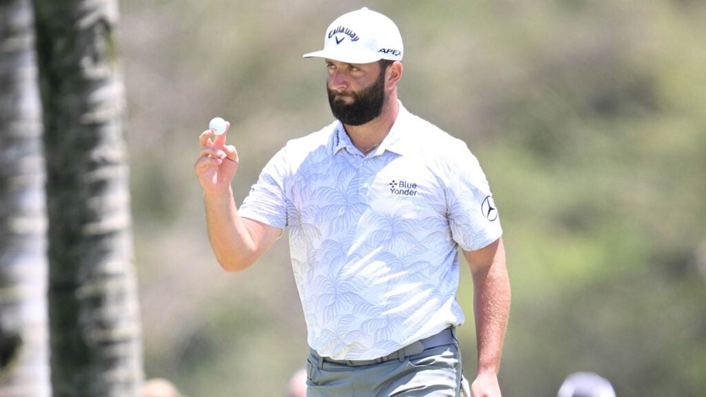 Jon Rahm of Spain acknowledges fans after third consecutive birdie on the 14th hole during the third round of the Mexico Open at Vidanta on April 29, 2023 in Puerto Vallarta, Jalisco.