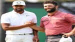 Tony Finau (L) of the United States shakes hands with Jon Rahm (R) of Spain after winning the Mexico Open at Vidanta on April 30, 2023 in Puerto Vallarta, Jalisco.