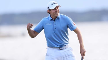 Matt Fitzpatrick of England celebrates winning on the third playoff hole against Jordan Spieth (not pictured) of the United States during the final round of the RBC Heritage at Harbour Town Golf Links on April 16, 2023 in Hilton Head Island, South Carolina.