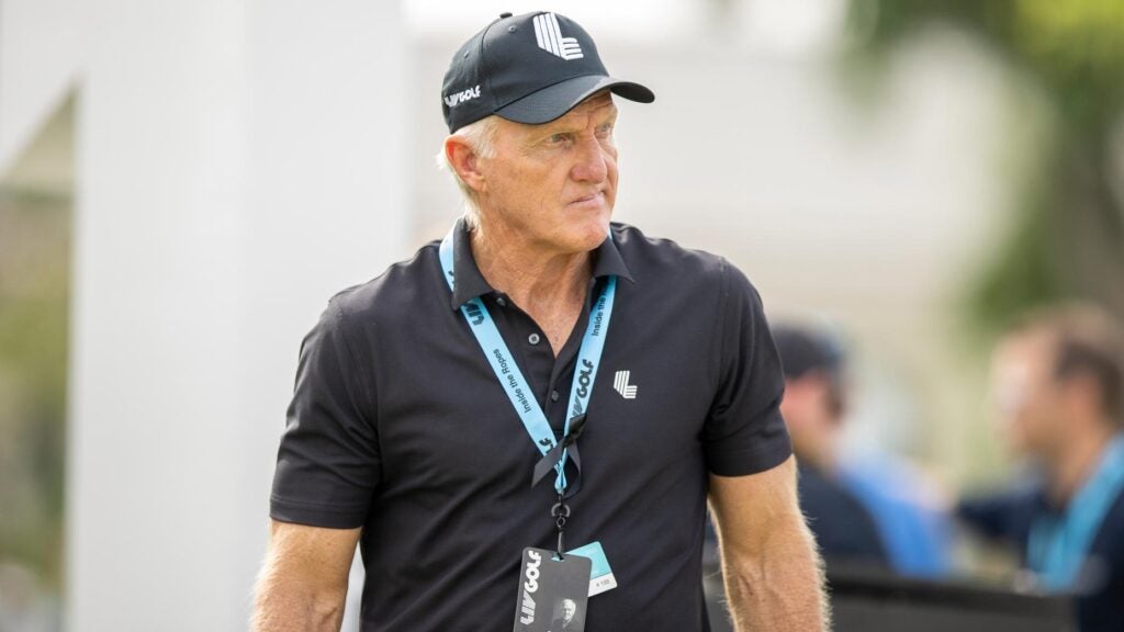 Greg Norman, CEO of LIV Golf, on the first hole during Day Three of the LIV Golf Invitational - Bangkok at Stonehill Golf Course on October 09, 2022 in Pathum Thani.