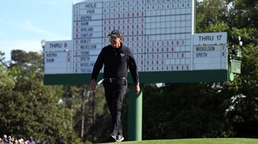 Phil Mickelson of the United States reacts on the 18th green during the final round of the 2023 Masters Tournament at Augusta National Golf Club on April 09, 2023 in Augusta, Georgia.