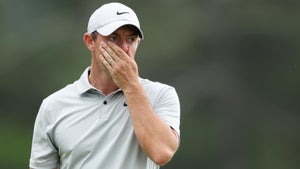 Rory McIlroy of Northern Ireland reacts to a putt on the 18th green during the second round of the 2023 Masters Tournament at Augusta National Golf Club on April 07, 2023 in Augusta, Georgia.