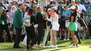 Rose Zhang of the United States celebrates on the 10th green, the second playoff hole, after defeating Jenny Bae of the United States to win during the final round of the Augusta National Women's Amateur at Augusta National Golf Club on April 01, 2023 in Augusta, Georgia.