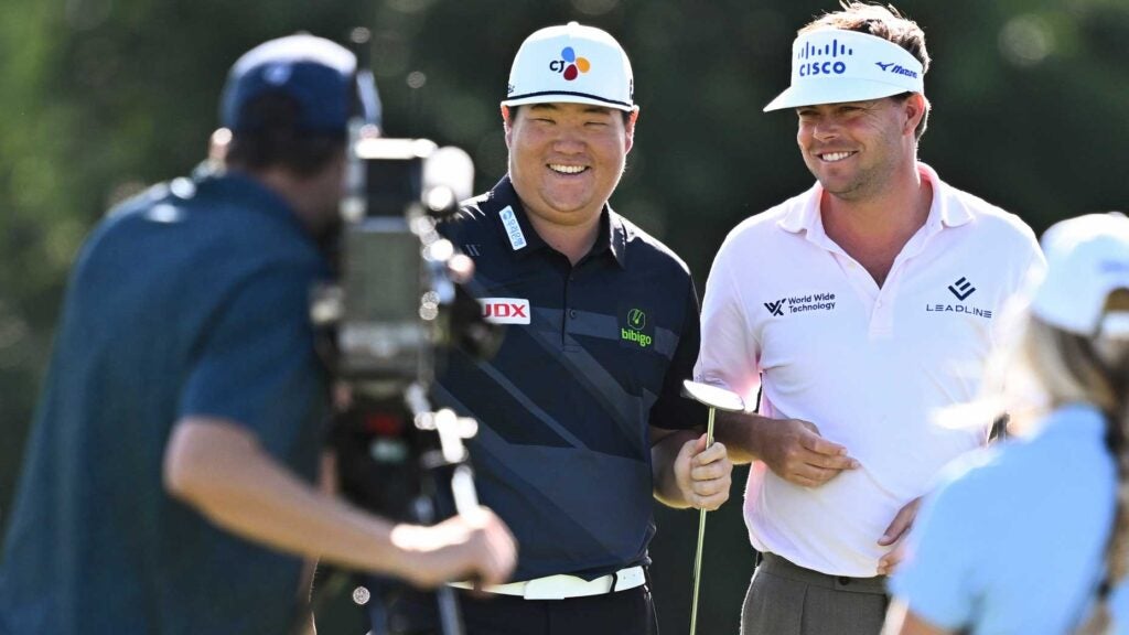 Sungjae Im of South Korea and Keith Mitchell at the 16th green uring the first round of the Zurich Classic of New Orleans at TPC Louisiana on April 20, 2023 in Avondale, Louisiana.