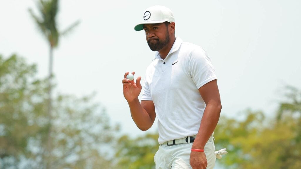 Tony Finau of the United States reacts after making par on the 6th hole during the final round of the Mexico Open at Vidanta on April 30, 2023 in Puerto Vallarta, Jalisco.