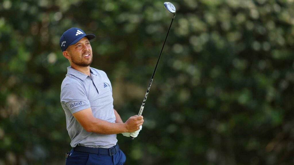 Xander Schauffele of the United States watches his shot from the sixth tee during the second round of the RBC Heritage at Harbour Town Golf Links on April 14, 2023 in Hilton Head Island, South Carolina.