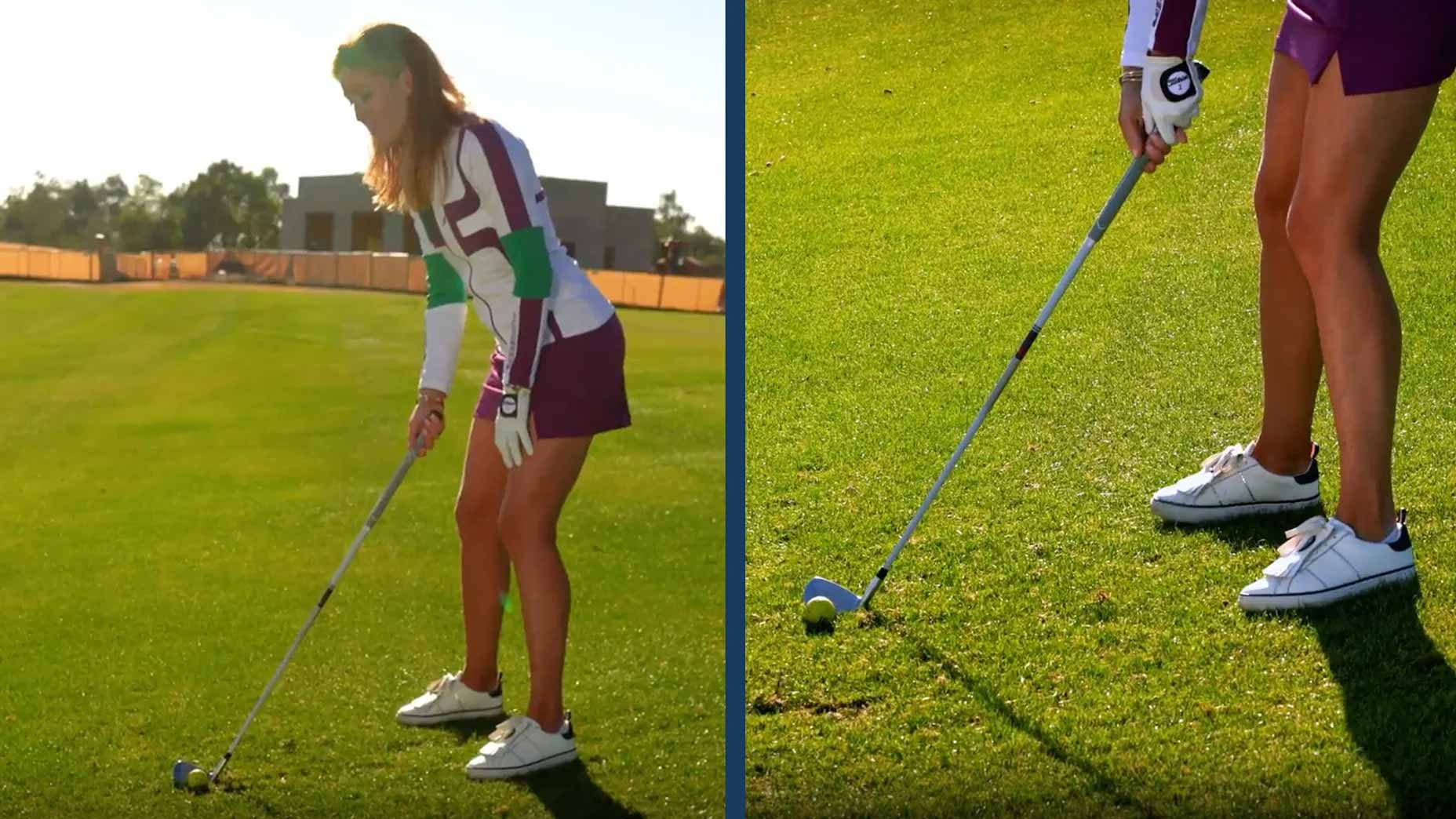 When hitting the golf ball below the feet, GOLF Top 100 Teacher Trillium Rose said to focus on these easy setup for better results