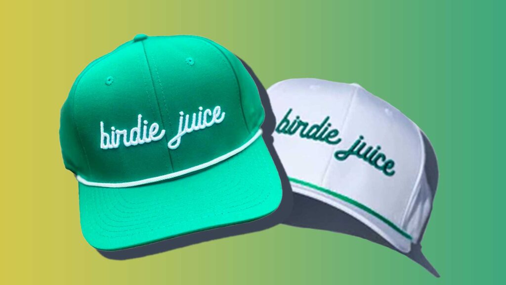 Gimme that: Green and white Birdie Juice script rope hats