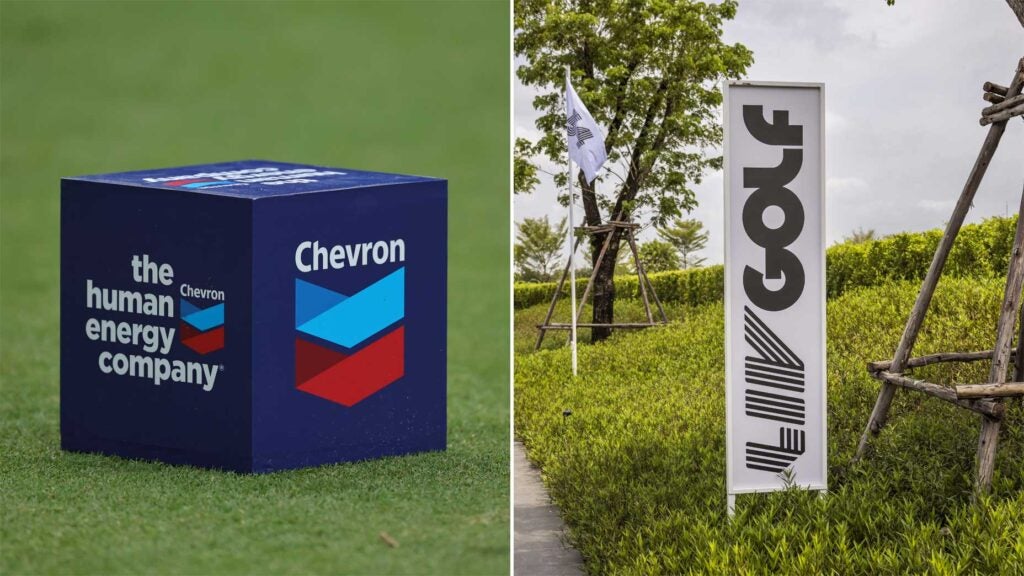 chevron championship tee marker and liv golf sign