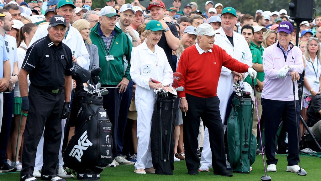 jack nicklaus, gary player and tom watson stand on the first tee box at augusta national