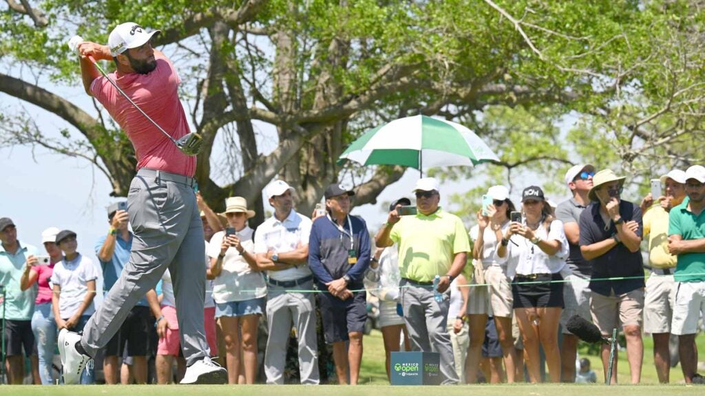 Jon Rahm hits drive at Mexico Open at Vidanta