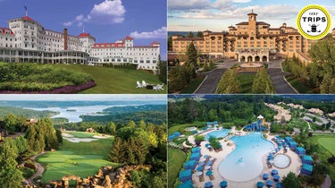 From top right, clockwise: The Broadmoor, The Hotel Hershey, Big Cedar Lodge and Omni Mount Washington.