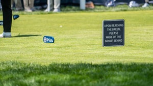 A sign on the 14th tee at Oak Hill during the PGA Championship.