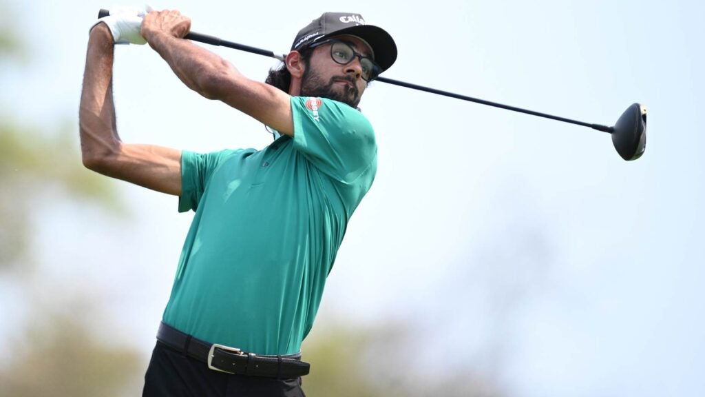 Akshay Bathia of the United States plays his shot from the 15th tee during the final round of the Mexico Open at Vidanta on April 30, 2023 in Puerto Vallarta, Jalisco.